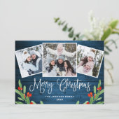 クリスマス ルースティック ブルー ウッド 3枚写真のグリーティング シーズンカード (スタンド正面)