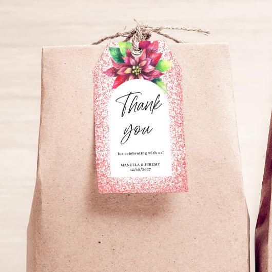 クリスマス　レッド　グリッター　ポインセチア　サンキュー　ウェディング ギフトタグ