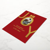 クリスマス レッド ゴールド JOY ホイル フォト ホリデー カード (回転した状態)