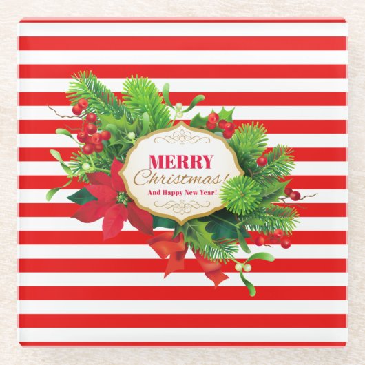 クリスマス レッド ストライプ ガラス コースター (正面)