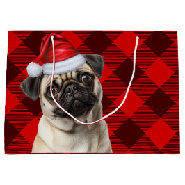 クリスマス レッド バッファロー プラッド パグ 犬 好き ラージペーパーバッグ