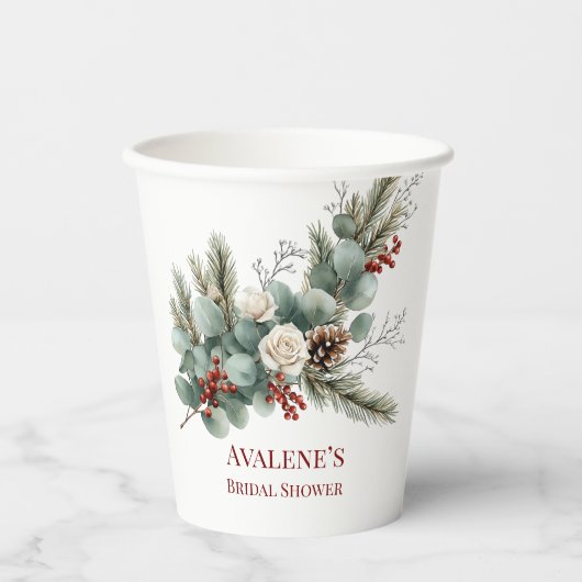 クリスマス レッド ベリー ホワイト ローズ ブライダル シャワー 紙コップ (正面)