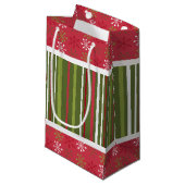 クリスマス・レッド、ホワイト、グリーンの雪ストライプ片 スモールペーパーバッグ (正面アングル)