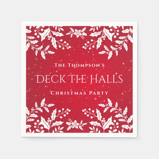 クリスマス・レッド、ホワイト・ホリー、デッキ・ザ・ホールズ・パーティー スタンダードカクテルナプキン (正面)
