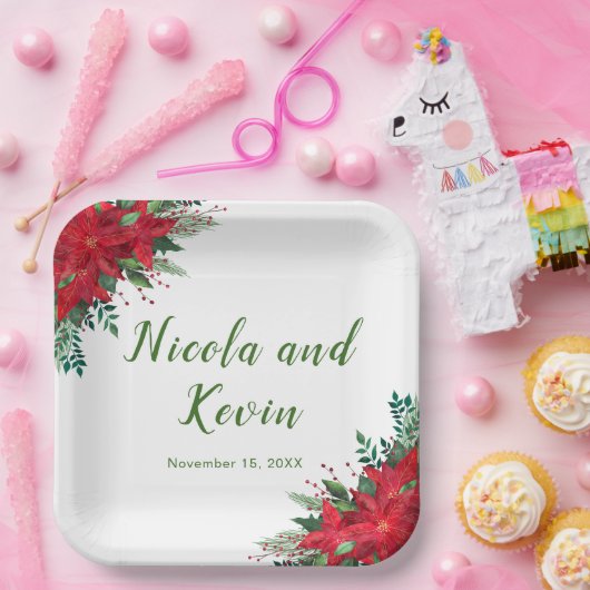 クリスマス レッド ポインセチア 花 結婚式 ペーパープレート (パーティー)