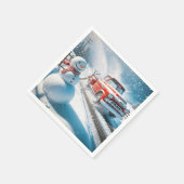 クリスマス レッド レトロ トラック と 雪だるま スタンダードカクテルナプキン (角)