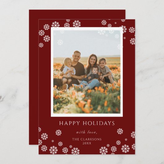クリスマス レッド 雪の結晶 フレーム フォト ホリデー カード (正面/裏面)