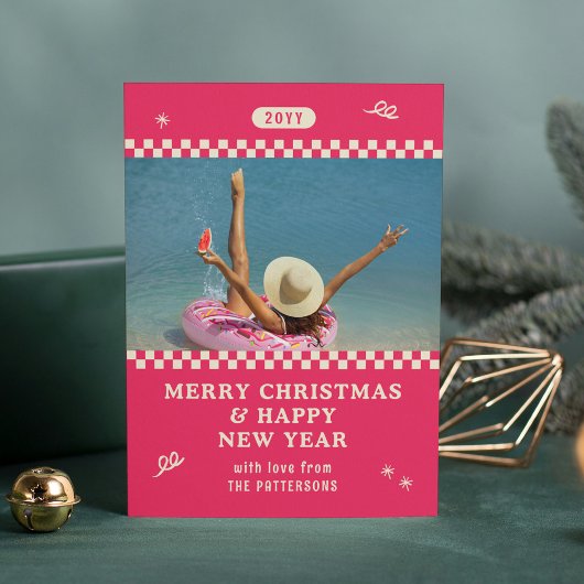 クリスマス レトロ ピンク フォト パーソナライズド