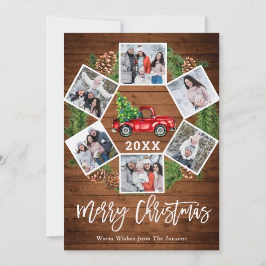クリスマス レトロ 赤い農場のトラック グリーティング 6 枚の写真付き (正面)