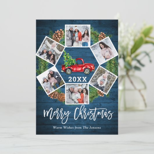 クリスマス レトロ 赤い農場のトラック グリーティング 6 枚の写真付き (スタンド正面)