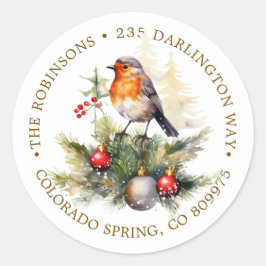 クリスマス ロビン 松の飾りボール 返送先ラベル ラウンドシール