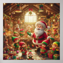 クリスマス・ワークショップのサンタとエルフの壁掛け ポスター