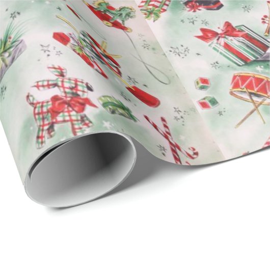 クリスマス、ヴィンテージおもちゃ、ストッキング、キャンディーケーン ラッピングペーパー (ロールコーナー)