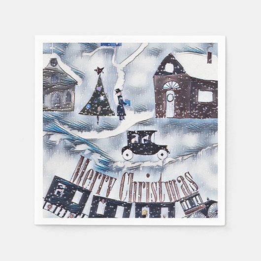 クリスマス、ヴィンテージ紙プレート スタンダードカクテルナプキン (正面)