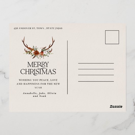 クリスマス 予算 ボタニカル エレガント テラコッタ 箔シーズンポストカード (裏面)