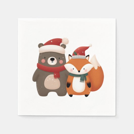 クリスマス/冬かわいいクマ&キツネ スタンダードカクテルナプキン (正面)