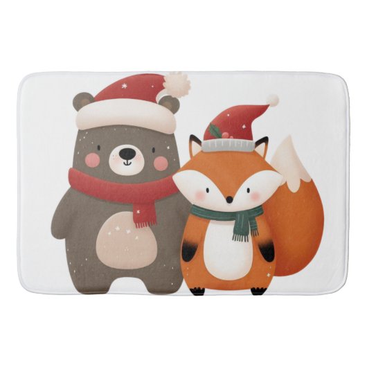 クリスマス/冬かわいいクマ&キツネ バスマット (正面)