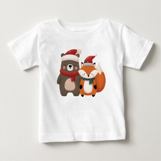 クリスマス/冬かわいいクマ&キツネ ベビーTシャツ (正面)
