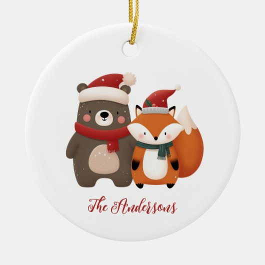 クリスマス/冬のかわいいクマとキツネ セラミックオーナメント (正面)