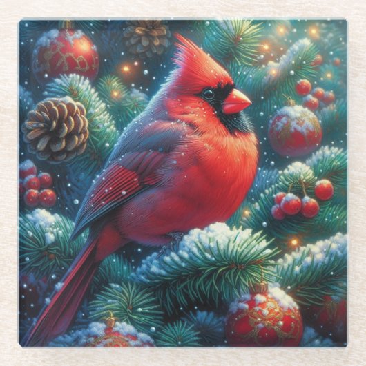 クリスマス/冬のカーディナル ガラスコースター (正面)