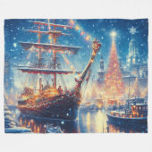 クリスマス/冬のドッキング船 フリースブランケット (正面(横))