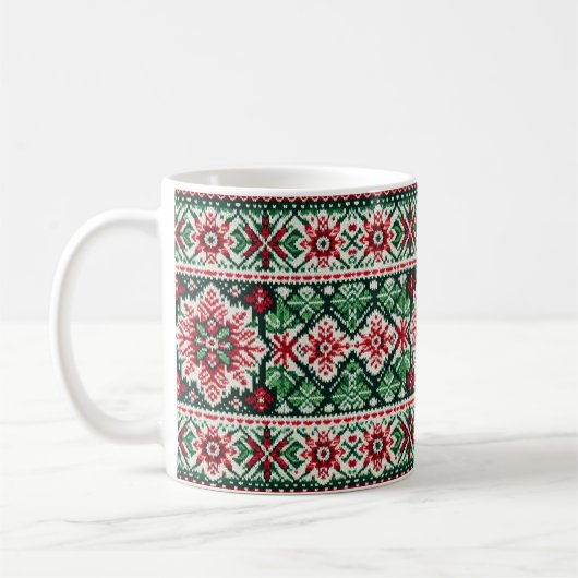 クリスマス/冬のフェアアイル柄 レッド&グリーン コーヒーマグカップ (左)