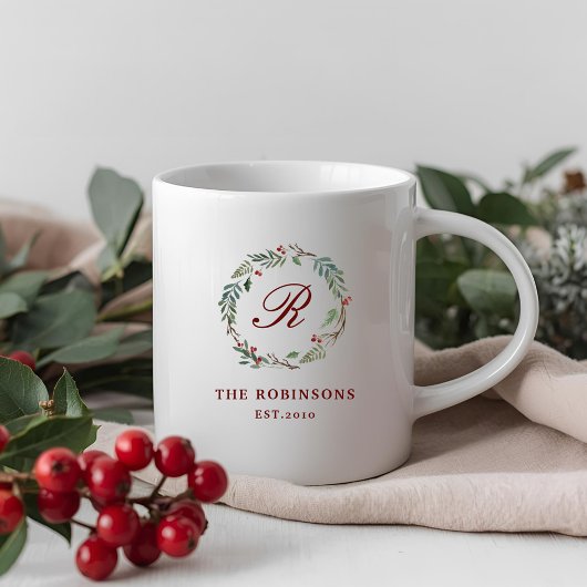 クリスマス 冬のベリー リース 家族の名前 モノグラム コーヒーマグカップ