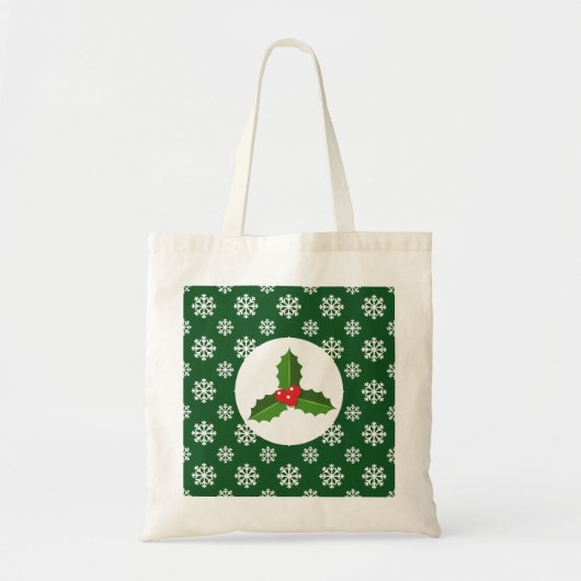 クリスマス/冬のホリー雪の結晶グリーン トートバッグ (正面)