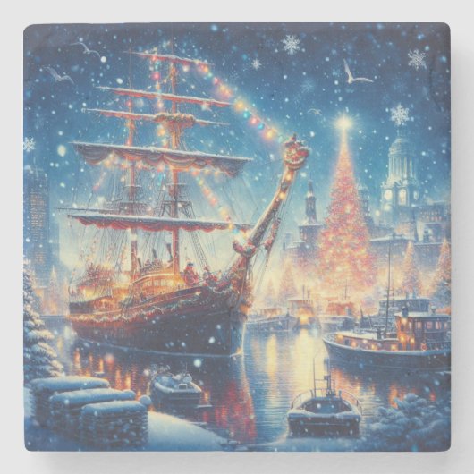 クリスマス/冬の係留船 ストーンコースター (正面)