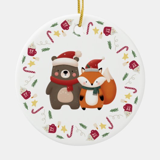 クリスマス/冬の可愛いクマ&キツネ セラミックオーナメント (正面)