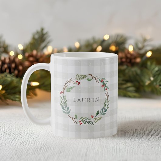 クリスマス 冬の実のリース 名前入り コーヒーマグカップ