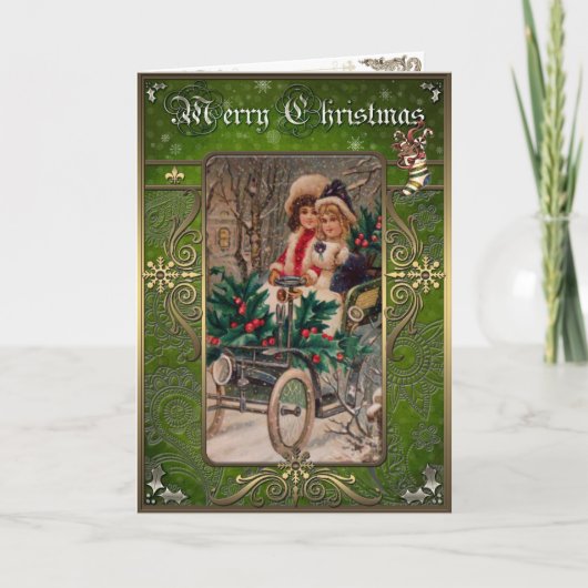 クリスマス – 冬の車の中で2人の女の子。 (正面)