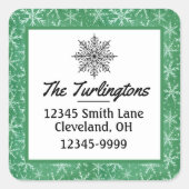 クリスマス 冬の雪の結晶が降る 緑 スクエアシール (正面)