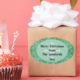 クリスマス 冬の雪 雪の結晶が降る 緑 楕円形シール