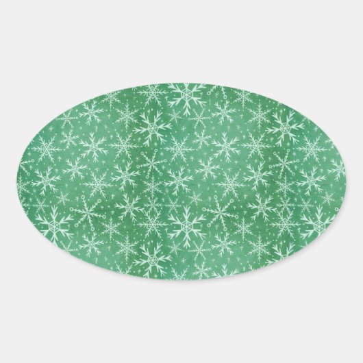 クリスマス 冬の雪 雪の結晶が降る 緑 楕円形シール (正面)