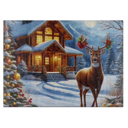 クリスマス/冬の鹿のロッジ カッティングボード (正面)