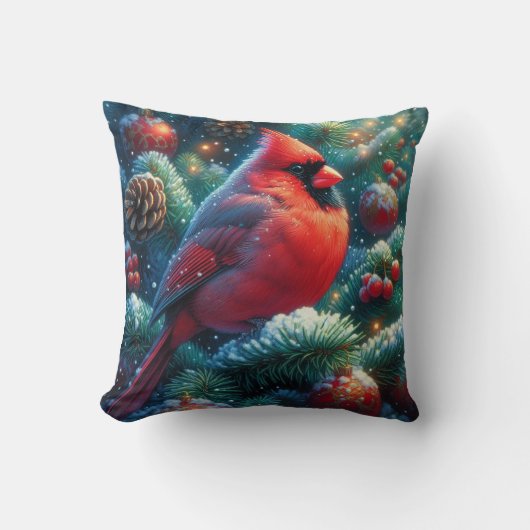 クリスマス/冬の(鳥)ショウジョウコウカンチョウ クッション (正面)