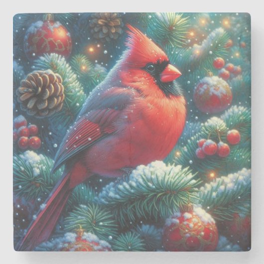 クリスマス/冬の（鳥）ショウジョウコウカンチョウ ストーンコースター (正面)