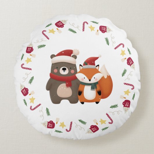 クリスマス 冬 かわいい 熊 狐 ラウンドクッション (正面)