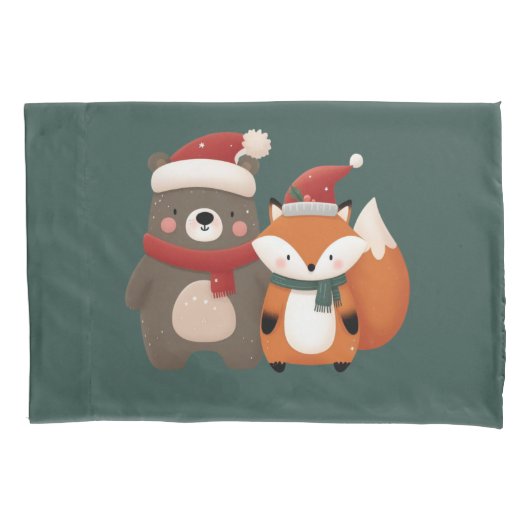 クリスマス 冬 かわいい 熊 狐 枕カバー (正面)