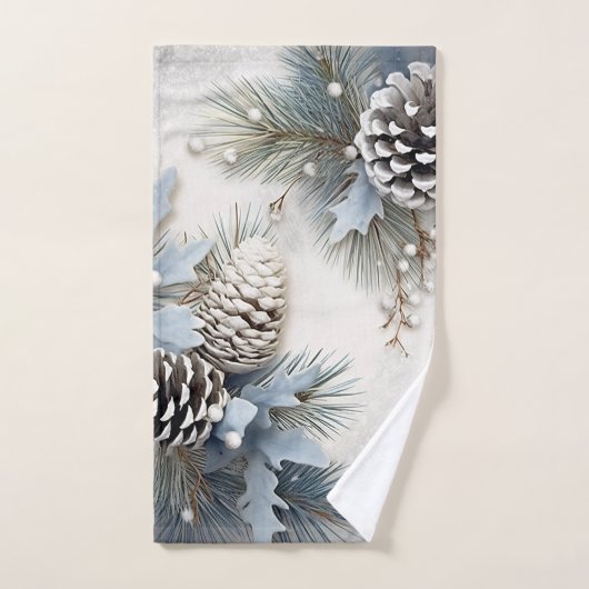 クリスマス、冬、青、松のコーン雪 バスタオルセット (ハンドタオル)