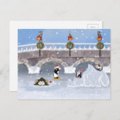 クリスマス、凍結する湖のよくはしゃぐなペンギン シーズンポストカード (正面/裏面)