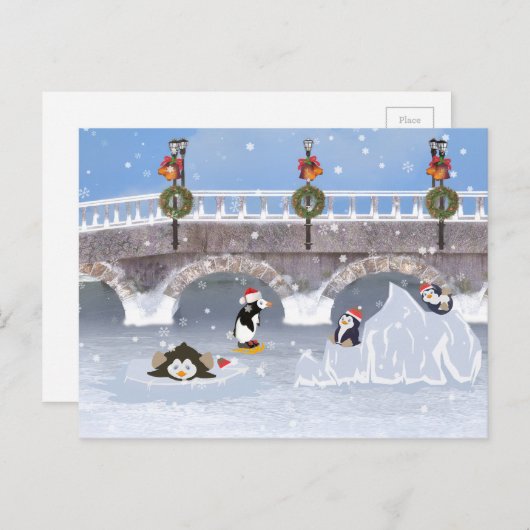 クリスマス、凍結する湖のよくはしゃぐなペンギン シーズンポストカード (正面/裏面)