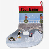 クリスマス、凍結する湖のよくはしゃぐなペンギン ラージクリスマスストッキング (裏面)