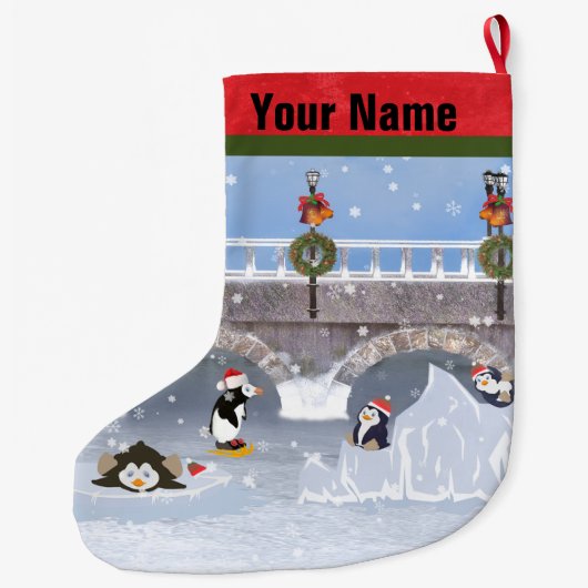 クリスマス、凍結する湖のよくはしゃぐなペンギン ラージクリスマスストッキング (裏面)