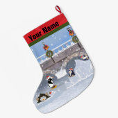 クリスマス、凍結する湖のよくはしゃぐなペンギン ラージクリスマスストッキング (裏面 (吊り時))