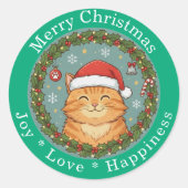 クリスマス 喜び 愛 幸福 かわいい猫 ラウンドシール (正面)