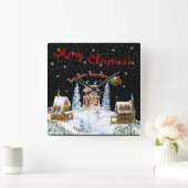 クリスマス、壁、時計、サンタ、クロースのトナカイ、雪だるま スクエア壁時計 (ホーム)