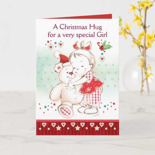 クリスマス,女の子,かわいい赤ちゃん女の子&テディ カード (黄色い花)