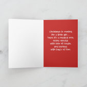 クリスマス、女の子。 雪だるまは子犬を抱き締めます シーズンカード (内部)